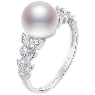 黛米珠宝 花姿 8-9mm圆形无核淡水珍珠戒指S925银单颗戒子-配证书