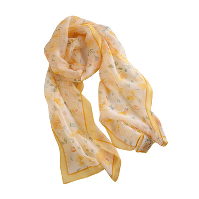 黄色丝巾女2025新款小长条秋冬薄款真丝围巾高级感护颈围脖窄纱巾