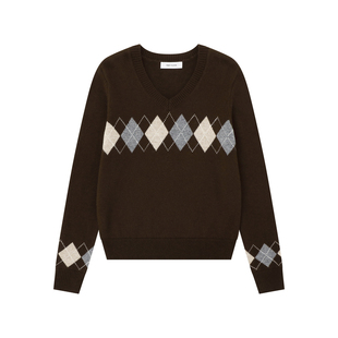 FIRSTFLOOR 秋冬复古撞色菱形格纹拼色V领短款套头休闲毛衣女