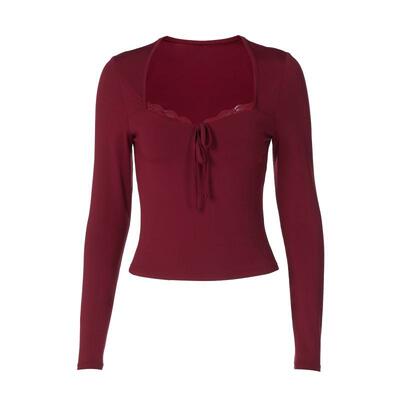 时尚蕾丝拼接扎花系带长袖上衣