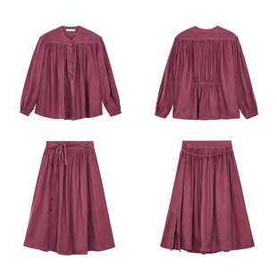 朱小姐小众设计铜氨丝套装女秋季早春衬衫宽松褶皱衬衣裙子两件套