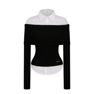 现货韩国labelleblanc法式假两件一字肩针织衫毛衣女秋季复古上衣