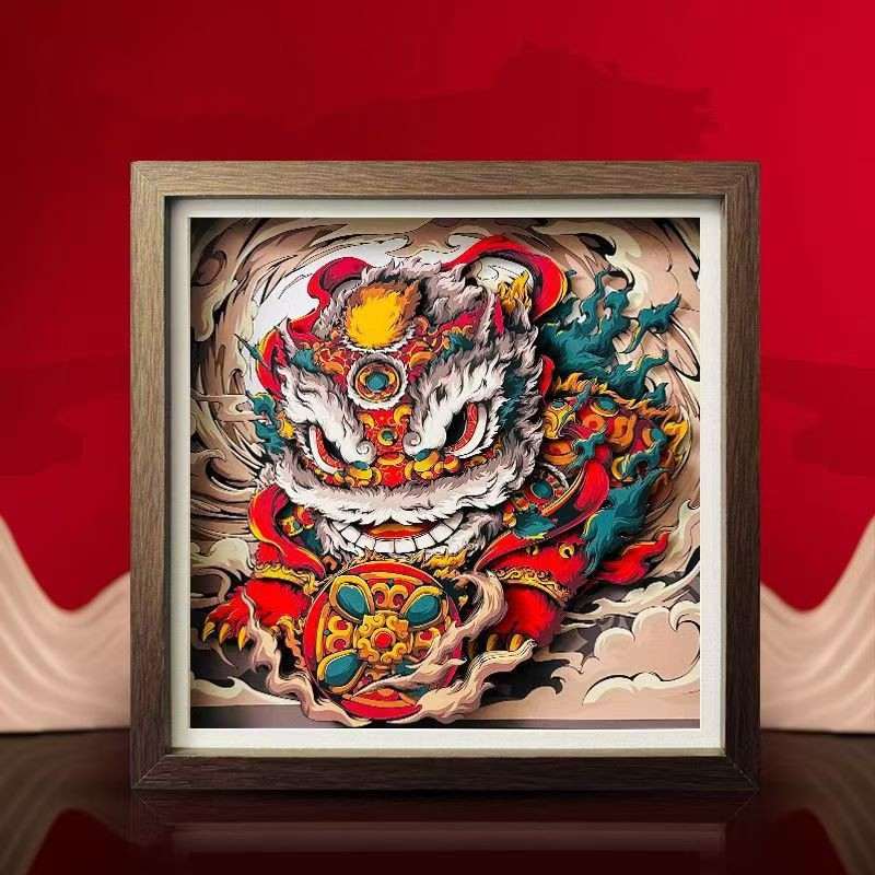 醒狮摆台工艺品剪纸相框客厅新居招财乔迁装饰画礼物桌面装饰摆件