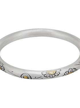 洋甘菊999足银纯手工手镯闭口女太阳花圆柱银镯子时尚复古民族风