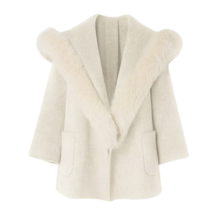 DPLAY2025年冬季新款白色双面呢外套女毛领好看100羊毛短款大衣