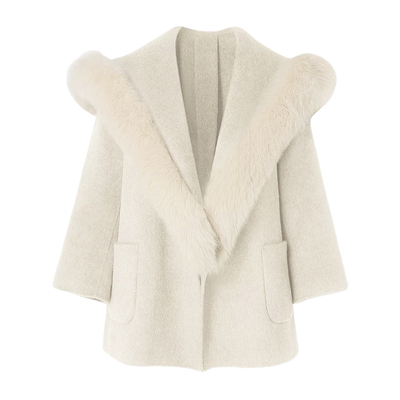 DPLAY2025年冬季新款白色双面呢外套女毛领好看100羊毛短款大衣