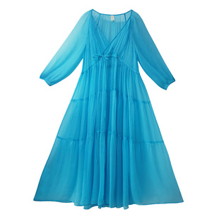 现货【云烟佳人】早春雪纺连衣裙女仙气新款气质蓝色长裙海边裙子