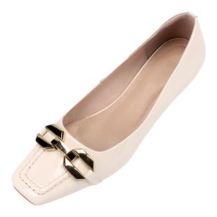 【一力米灰】时尚法式气质方头浅口细跟金扣真皮休闲小高跟单鞋女