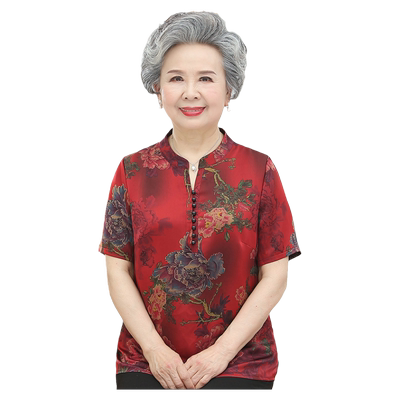 老年人夏季真丝胖妈妈短袖t恤