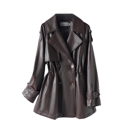 英伦风衣小个子中长款皮衣外套女