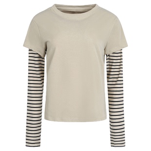 万有引力博物馆 拼接撞色假两件正肩长袖T恤女春季2026年新款上衣