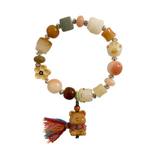 南山非遗文创设计款国潮可爱围巾小熊手链女款风化菩提根多宝手串