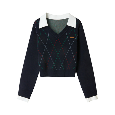 Uena藏青色菱形格纹毛针织衫