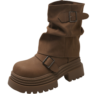 小个子厚底马丁靴女英伦风2025新款夏季美拉德棕色裤管堆堆短靴子