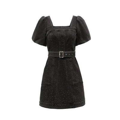 绫致ONLY夏季新款复古泡泡袖方领短裙牛仔连衣裙女