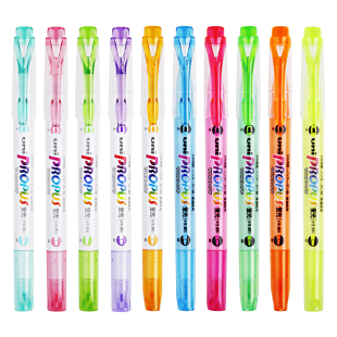 日本uni三菱可视窗荧光笔PUS-102T彩色双头荧光笔学生重点标记笔透视窗精准划线两头着重笔记号笔套装文具