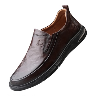 公羊皮鞋男款2025新款真牛皮一脚蹬商务棕色休闲鞋软底舒适爸爸鞋
