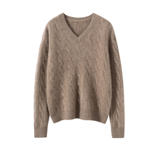 30%~含量新款山羊绒衫女V领麻花加厚纯色套头毛衣针织百搭打底衫