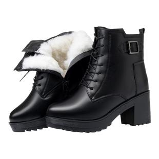 真皮马丁靴女英伦风粗跟短靴高跟厚底加绒妈妈棉鞋中跟羊毛棉靴冬