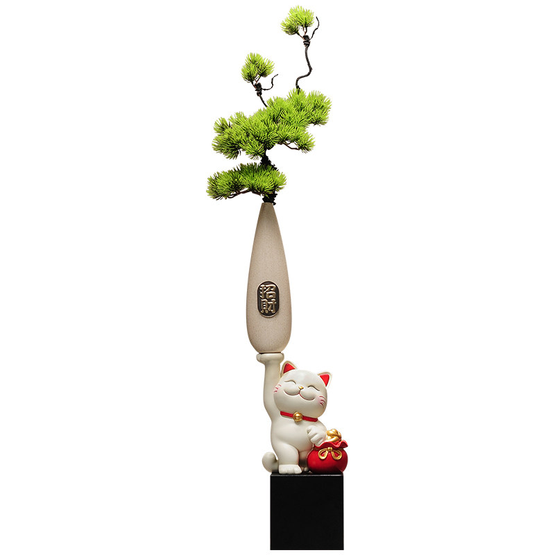 入户门玄关招财猫细长竖高花瓶摆件高级感客厅电视柜花艺装饰礼品