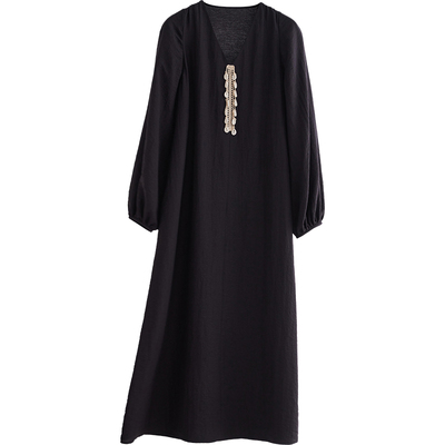 贝壳长袖黑色V领简约亚麻连衣裙