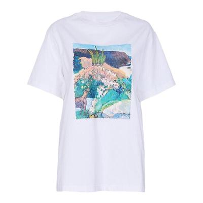 婉甸月白色艺术油画印花简洁短袖