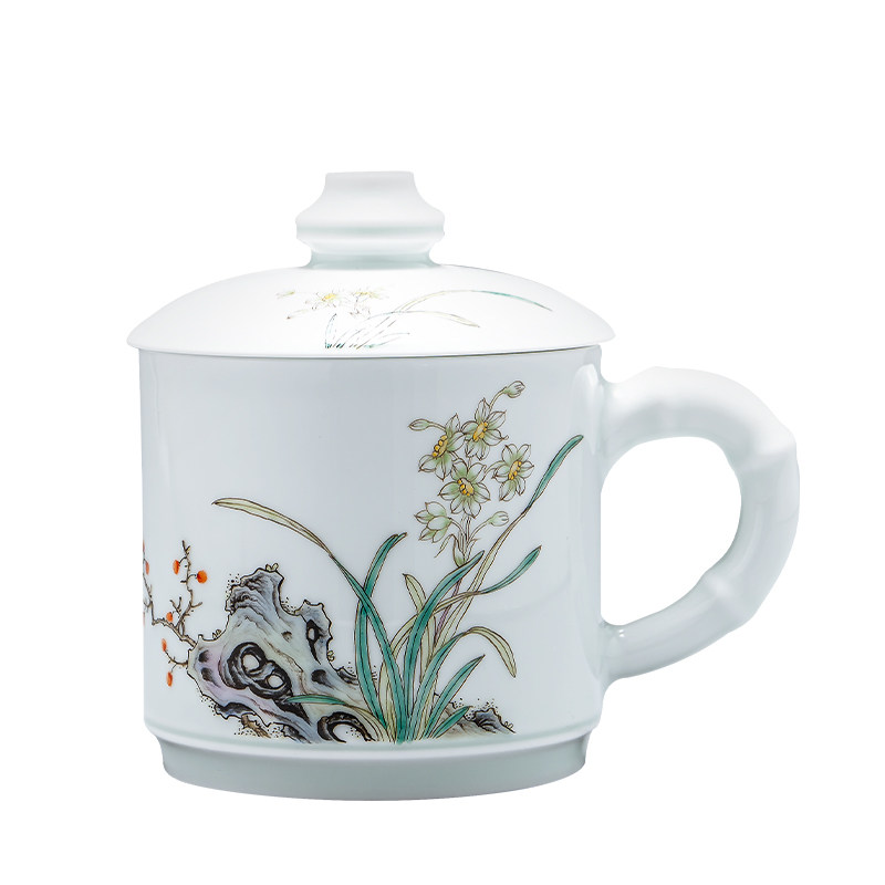 诚德轩景德镇陶瓷办公杯茶具手绘梅兰竹菊泡茶水杯喝茶杯带盖礼品