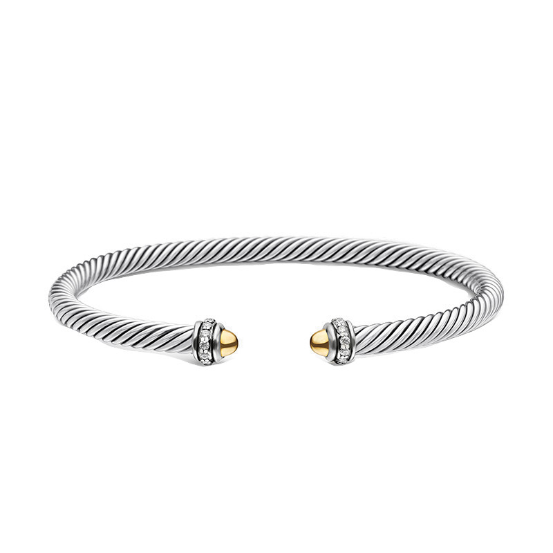 David Yurman大卫雅曼间金镶钻钢丝绳开口手镯DY银金拼色开口4MM