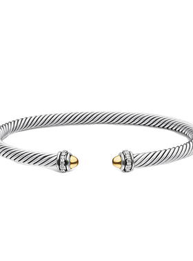 David Yurman大卫雅曼间金镶钻钢丝绳开口手镯DY银金拼色开口4MM