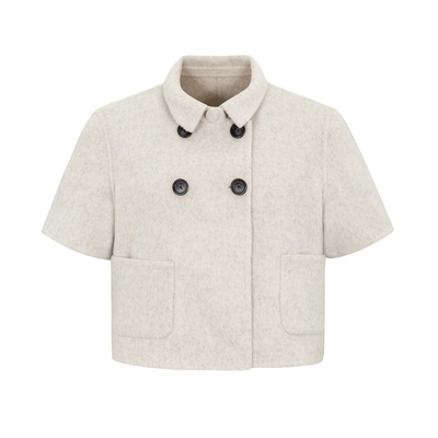 dorydory 短袖灰色双排扣双面呢大衣女短款小个子羊毛毛呢外套冬