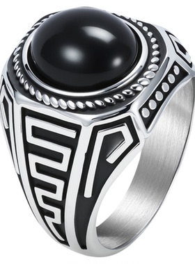 经典潮男复古潮流钛钢镶黑石戒指