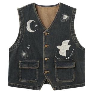 西町村屋复古风马甲女装2025秋季新款休闲刺绣牛仔背心XHAC10198