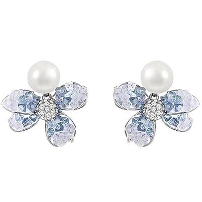 渐变蓝色花朵纯银耳环女