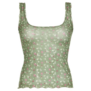 碎花网纱透视吊带背心Floral mesh sheer square neck halter top