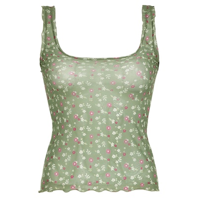 碎花网纱透视吊带背心