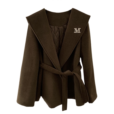 秋冬大翻领加厚夹棉呢子收腰大衣