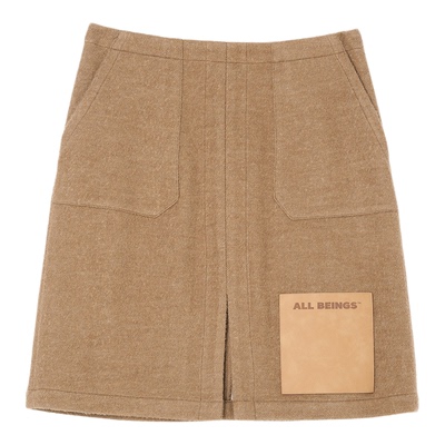 ALL BEINGS2025AW秋冬新款百氛围感卡其皮标直筒开衩羊毛裙女厚款