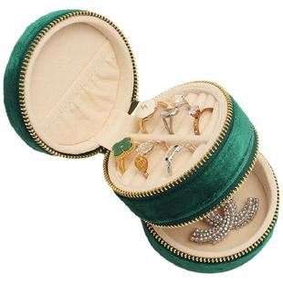 京梵圆形小双层首饰盒丝绒复古珠宝戒指收纳盒便携式旅行出差新款