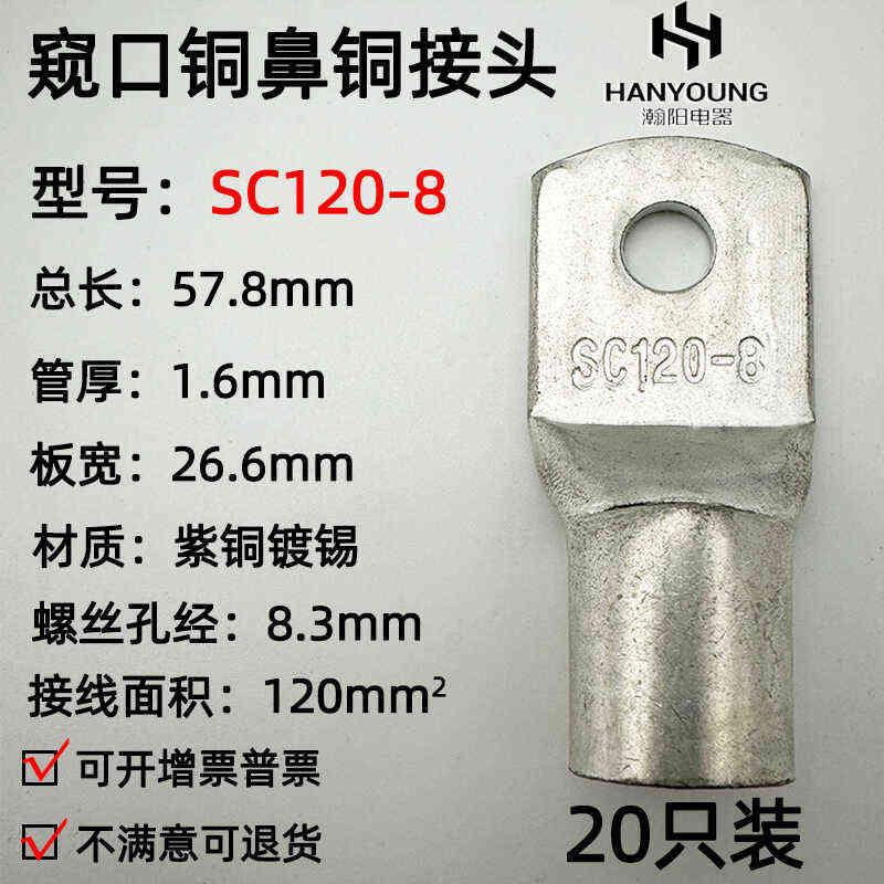 20只紫铜SC120-8/10/12/14/16窥口接线鼻子铜接头铜线耳接线端子