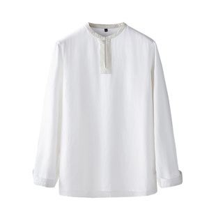 春夏新款亚麻休闲衬衫薄男宽松立领套衫撞色简约上衣纯色极简长袖