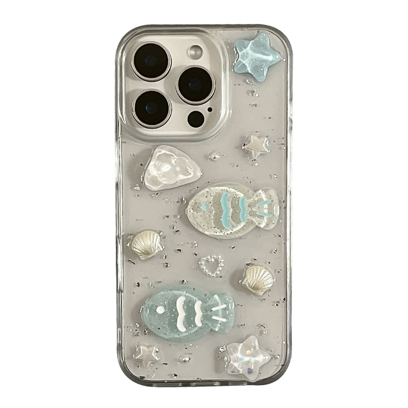 ins高级感立体贝壳小鱼苹果iPhone16ProMax手机壳透明滴胶15pro新款14防摔13小众女款14pro全包1