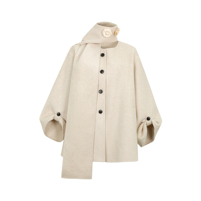 dorydory 立体花羊毛双面羊绒大衣女2025冬新款白色毛呢外套短款