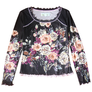 中年菲琪女装开春季印花雪纺衫长袖荷叶边妈妈款修身显瘦大花圆领