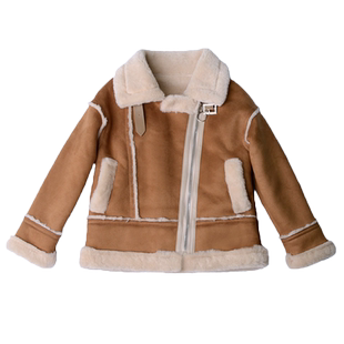 男女童机车服儿童皮草外套皮毛一体中长款加厚鹿皮绒大衣洋气秋冬