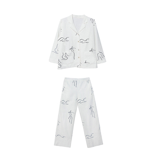 Creme法式家居服C系列舒适棉麻抽象印花家居服白色两件套装睡衣女
