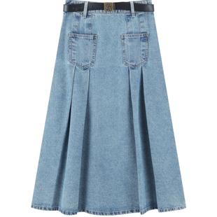 【商场同款】乐町双口袋牛仔长裙秋季百褶裙C1HFE3332