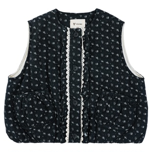 幼悠女童2025冬季新款森系碎花无袖叠穿马甲复古保暖儿童可爱背心