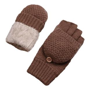 秋冬季保暖加绒加厚双层羊绒露指翻盖半指毛线针织羊毛手套女冬季