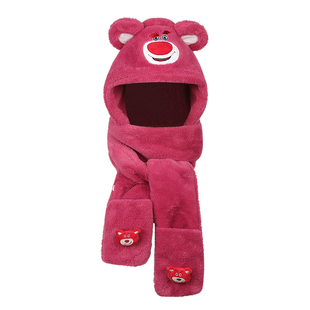 正版草莓熊毛绒帽子女围巾连帽一体秋冬季保暖耳罩围脖手套三件套