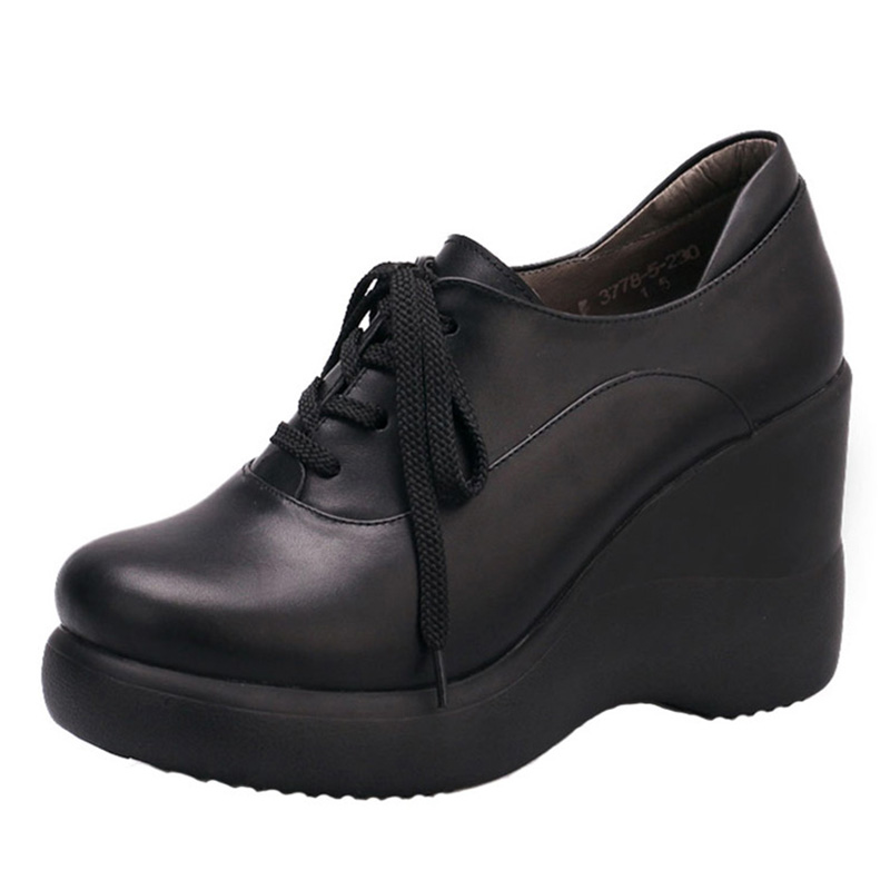 宝迪美崎真皮鞋子女2025春季新款英伦风女鞋厚底坡跟深口高跟单鞋